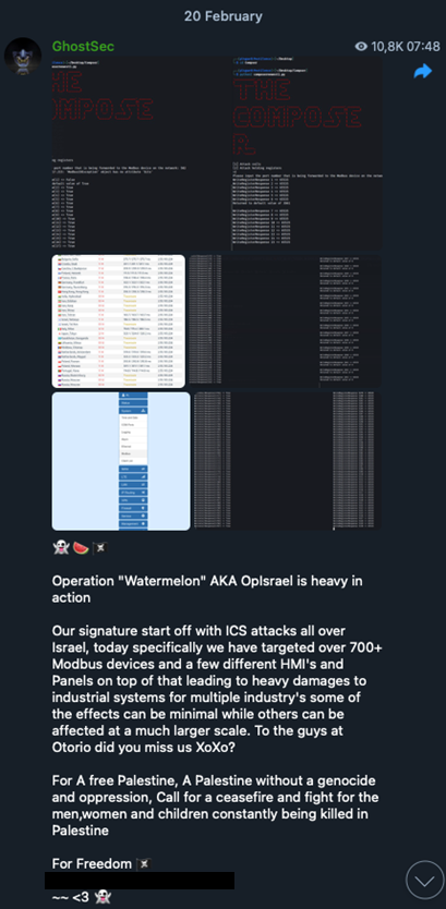 Figure 4. A hacktivist group’s announcement of a successful attack on industrial systems in connection with the Hamas-Israel conflict