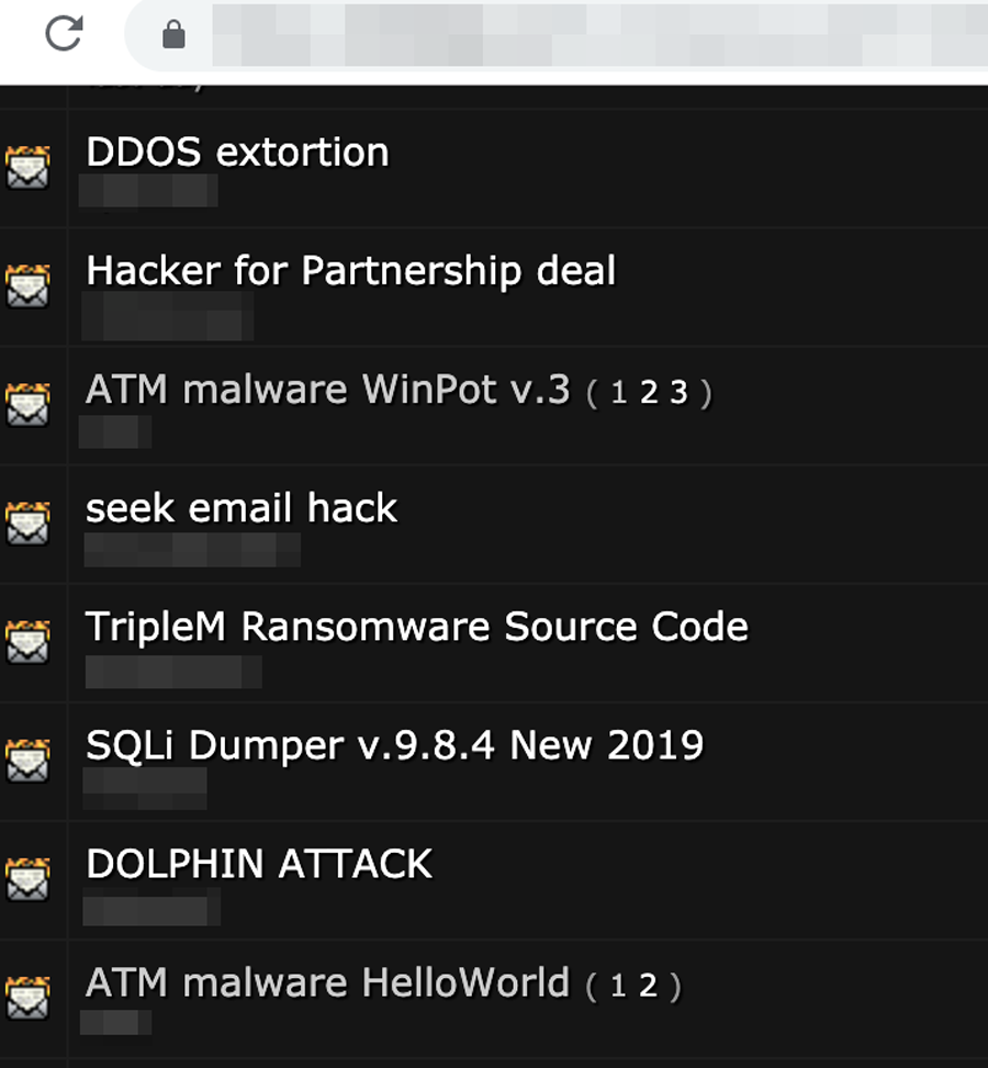 Screenshot of a list of recent threads in a popular criminal forum