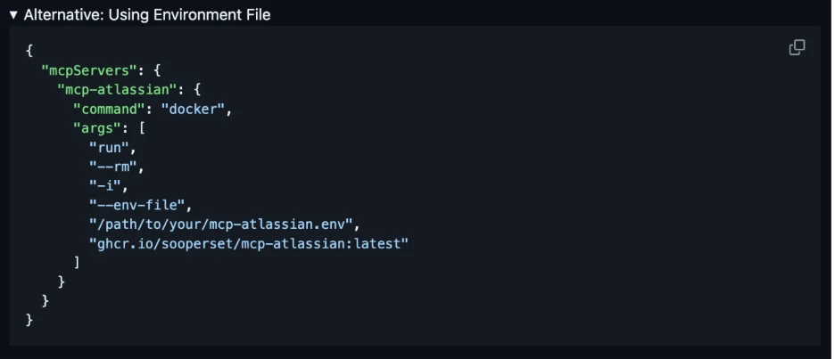 Figure 4. Example of MCP server configuration using .env secrets to authenticate to the data source