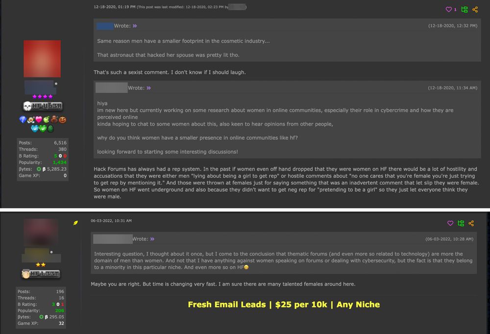 Figure 11. Discussion about past instances of women participating on hack forums wherein users were hostile toward them via the points (rep) system