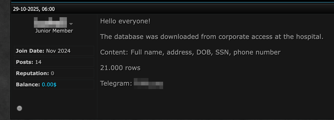 Figure 3. A forum post offering a hospital database for sale