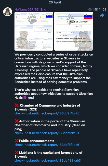 NoName057(16) claiming responsibility for attacks on Slovenia