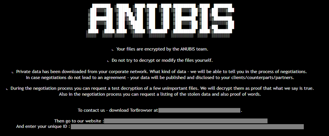 The ransom note file named RESTORE FILES.html, by the “ANUBIS team” after encrypting the victim's files.