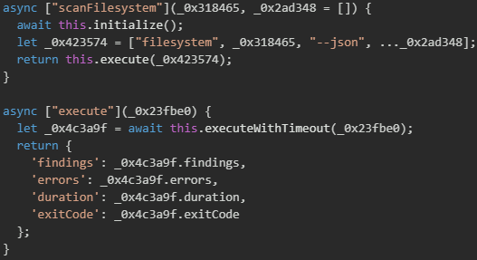 Figure 49. TruffleHog filesystem scan over the home directory, collecting JSON‑formatted findings, errors, duration, and exit codes 