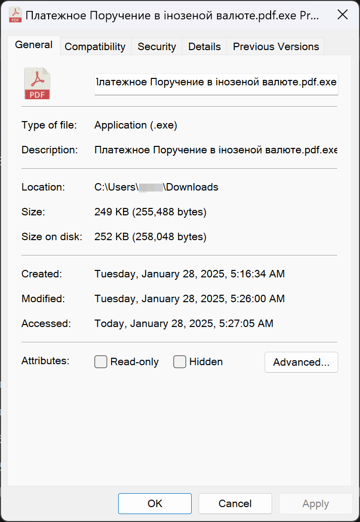 Figure 12. File properties of Платежное Поручение в iнозеной валюте.pdf.exe