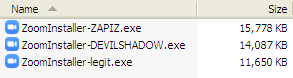 The file size of malicious Zoom copies compared with that of the legitimate installer