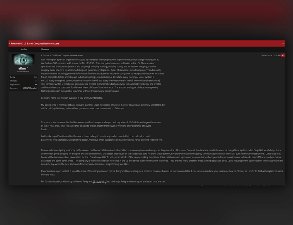 Figure 6. Forum post selling Fortune 500 network access