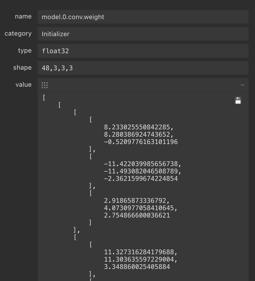 Figure 7. Weight values from an ONNX file that could be manipulated to tamper the model