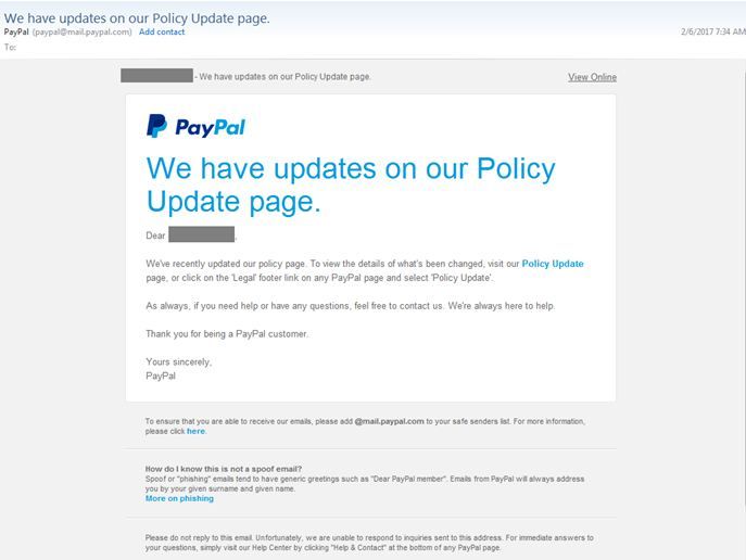 Figure 2: Comparison of a PayPal update message with its phishing counterpart
