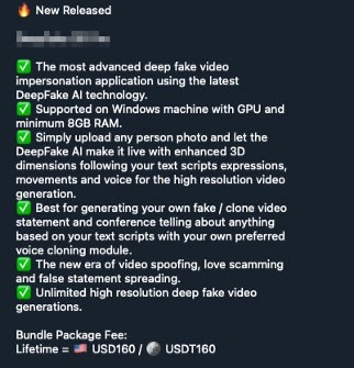 Figure 2: Deepfake 3D Pro app and offering in the underground