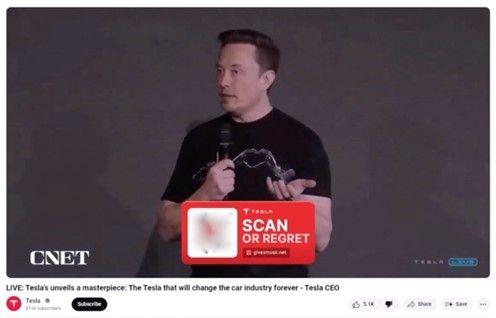 Figure 1: Elon Musk deepfake used in a fake advertisement and during a live stream, after attackers overtook several legitimate Youtube channels