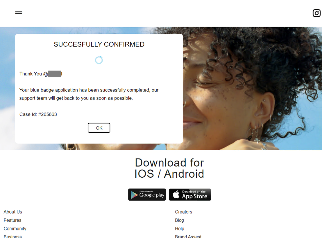 Figure 12. A fake confirmation page for the target account owner's supposed application for a verified badge