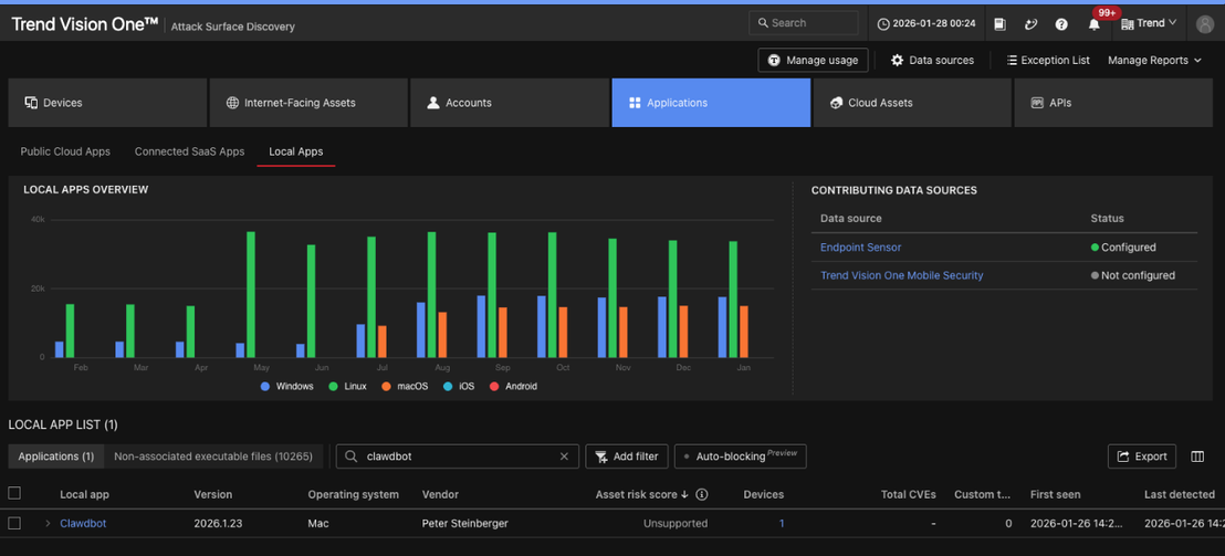 Figure 5. TrendAI Vision One™ Cyber Risk Exposure Management (CREM) can identify running instances of OpenClaw (aka Clawdbot), through its Attack Surface Discovery capability
