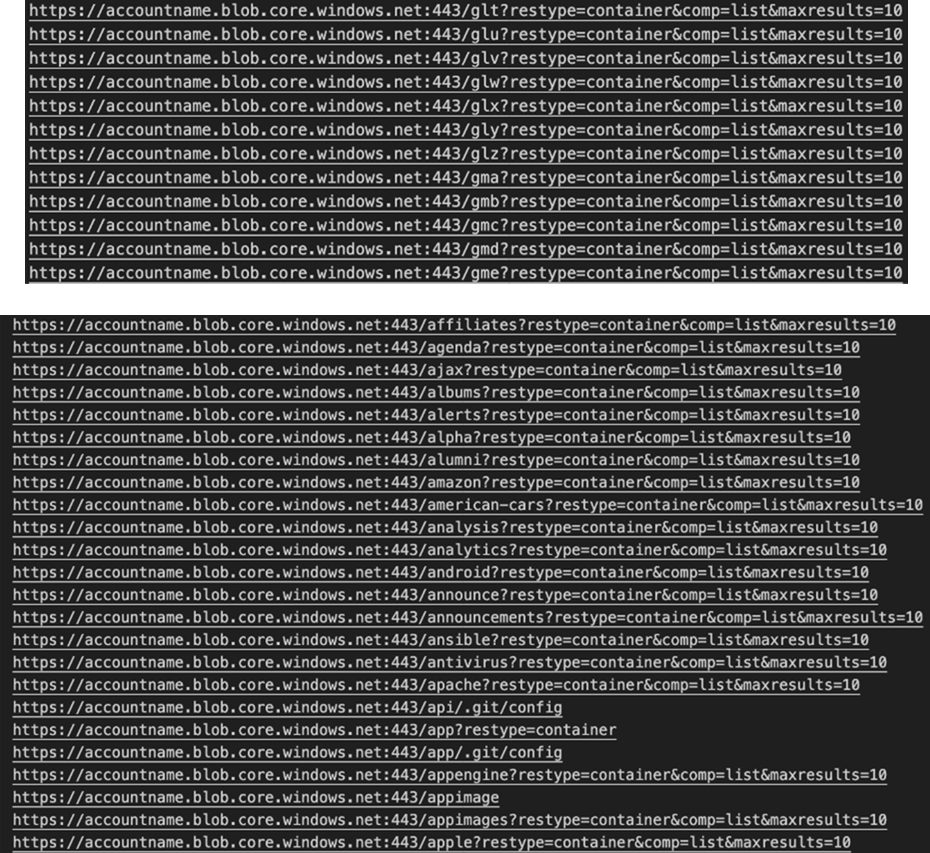 Attempts to list containers in the blob storage service of Storage account accountname