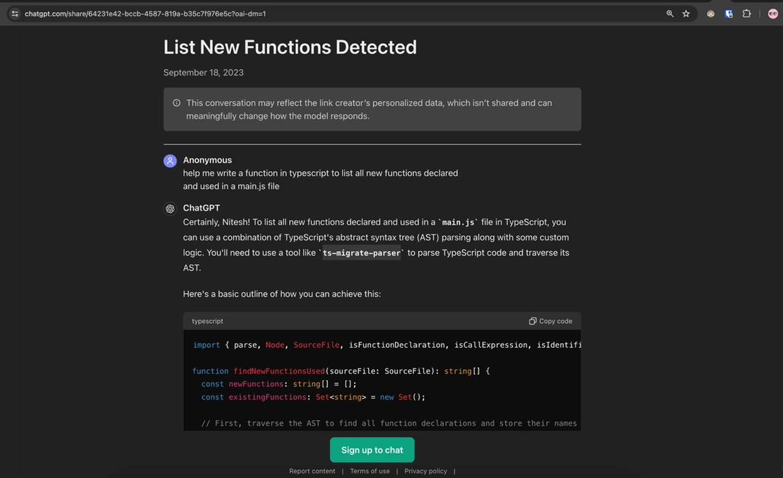 Figure 3. A variant of a ChatGPT shared conversation to get a list of functions from a JS file