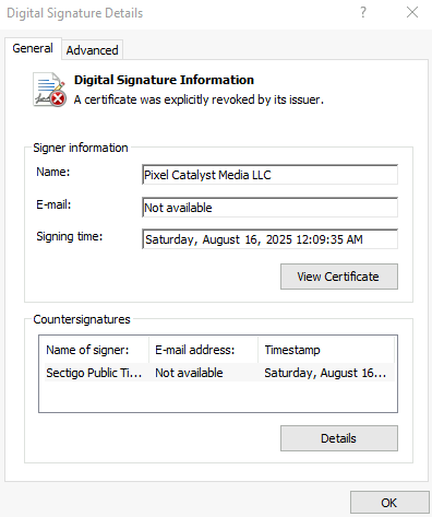 Figure 1. Digital signature used to make malware appear legitimate