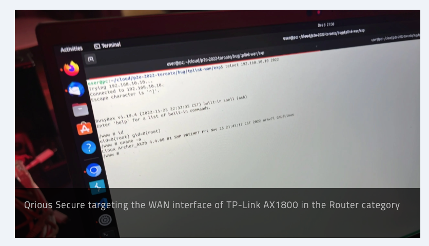 Figure 2. Tri Dang and Bien Pham (@bienpnn) from Qrious Secure were able to exploit two bugs (authentication bypass and command injection) at Pwn2Own Toronto 2022