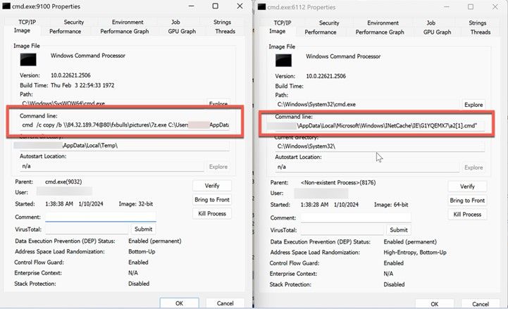 Process Explorer showing batch file a2.cmd being copied and run