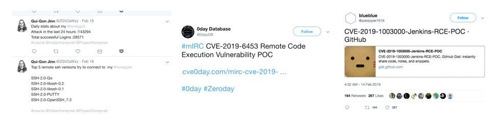 Figure 2. Example of a Twitter honeypot logger (top left); keywords/hashtags matching searches for vulnerability (top center); result of "CVE"- and "Github"-related searches (top right); and data visualized into a word cloud showing the distribution of CVE-related keywords (bottom)
