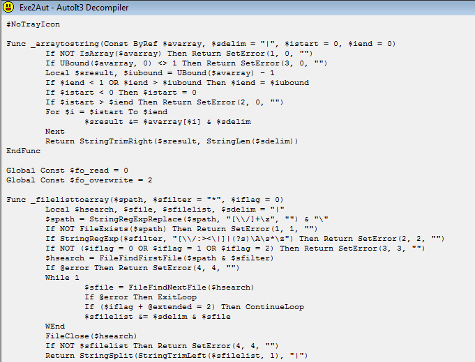 Figure 2. Code snapshot showing the decompiled script