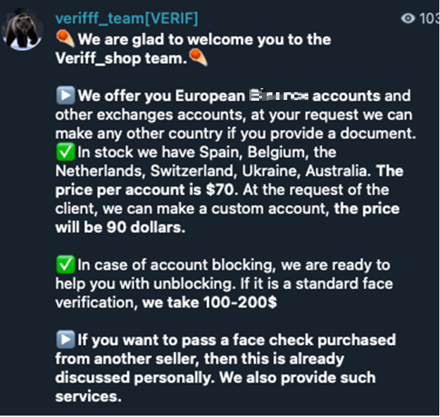 Figure 11. Telegram group announcement of deepfake offerings to bypass the KYC of a Bitcoin exchange; prices and conditions are shown
