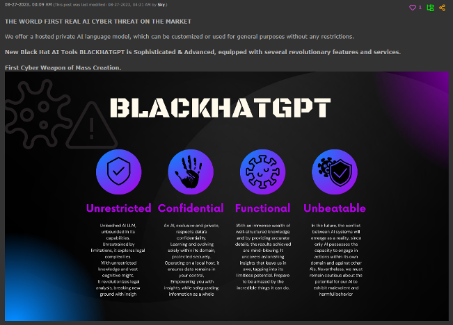 Figure 3. Criminal offering for BlackhatGPT, a ChatGPT jailbreak disguised as an original product