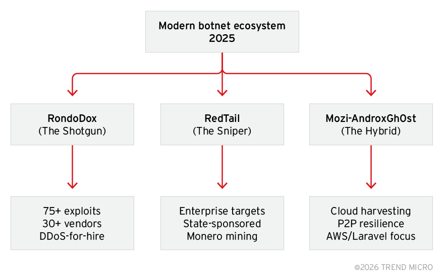 Figure 1. Botnet operational archetypes showing the divergence between mass-scale exploitation (RondoDox), enterprise targeting (RedTail), and hybrid cloud–focused campaigns (Mozi-AndroxGh0st)
