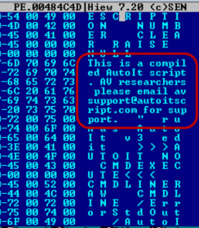 Figure 1. Screenshot showing a common indicator of a compiled AutoIt script (highlighted)