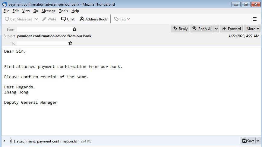 Figure 1. Sample email delivering Loki through LZH attachment