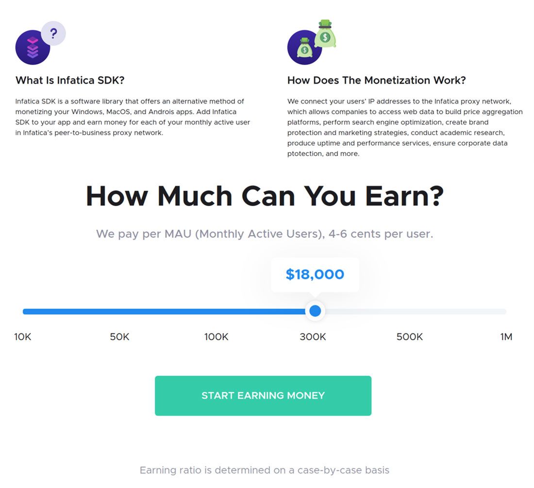 Infatica provides a tool that estimates how much app owners can earn annually from the number of monthly active users