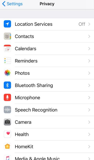Figure 6. Screenshot of iOS 11.0.2’s privacy settings