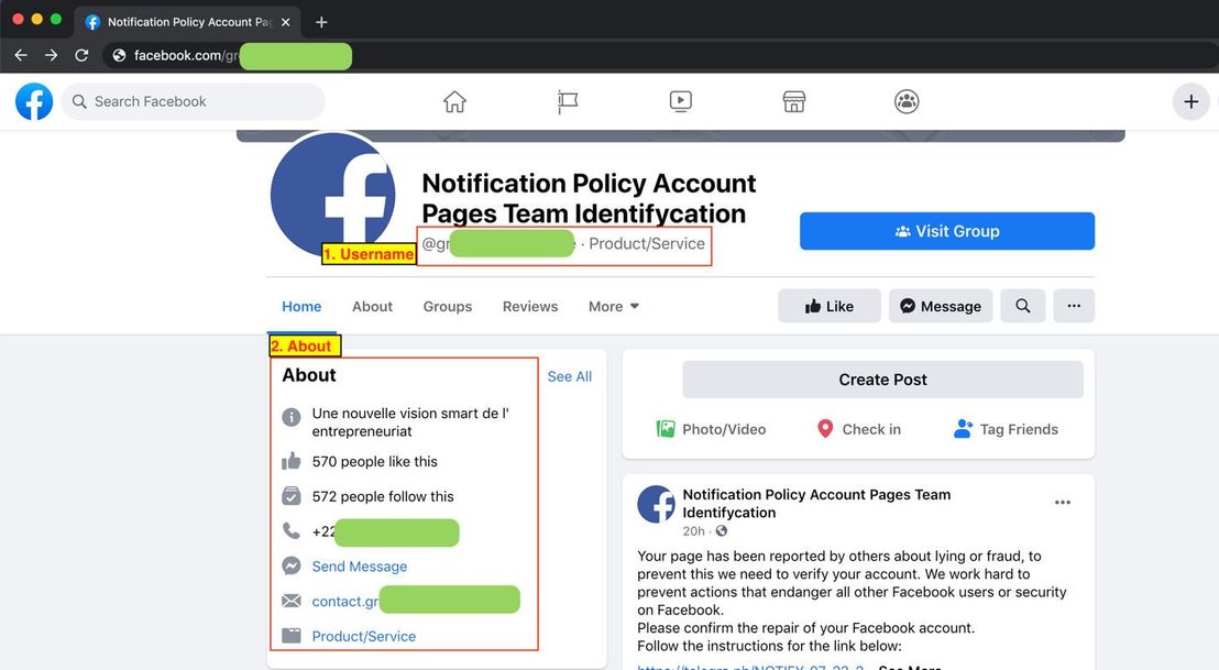 The username and information for a fake page