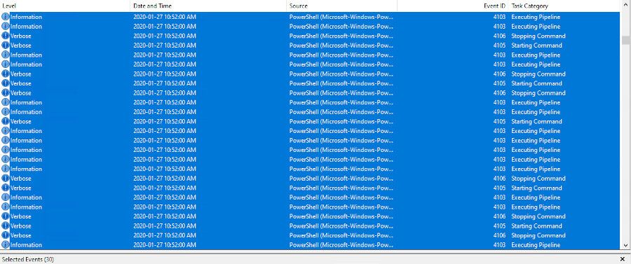 Logged events from a single PowerShell cmdlet