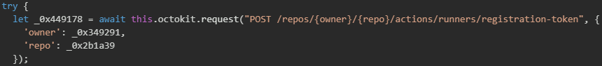 Figure 20. Requesting a GitHub runner registration token for self-hosted runner deployment 