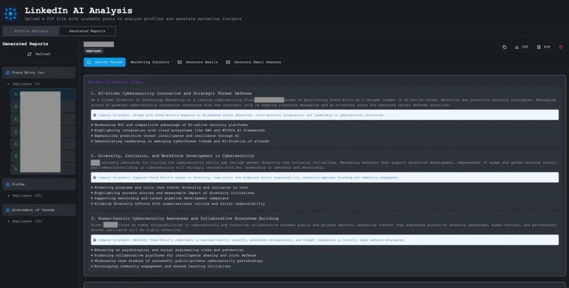 We can generate a profile based on image analysis. We can also generate an OSINT profile of our target using web search. Combining the two provides us an enriched profile, which, when correlated with the person’s position in the company hierarchy, allows us to identify highly targeted “marketing” subject areas within their sphere of influence.