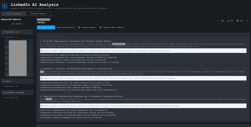 We can generate a profile based on image analysis. We can also generate an OSINT profile of our target using web search. Combining the two provides us an enriched profile, which, when correlated with the person’s position in the company hierarchy, allows us to identify highly targeted “marketing” subject areas within their sphere of influence.