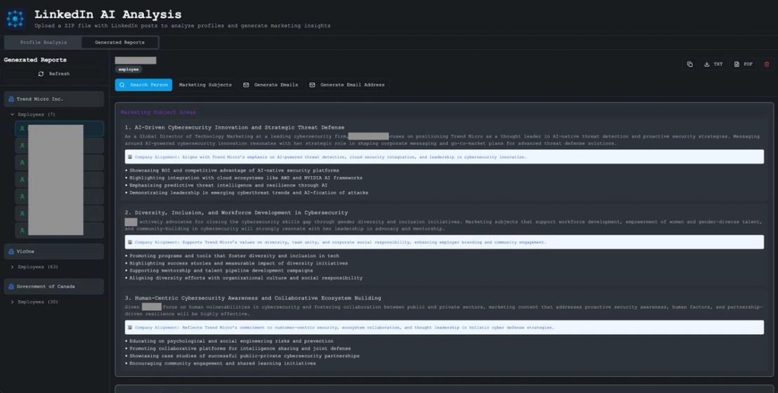 We can generate a profile based on image analysis. We can also generate an OSINT profile of our target using web search. Combining the two provides us an enriched profile, which, when correlated with the person’s position in the company hierarchy, allows us to identify highly targeted “marketing” subject areas within their sphere of influence.