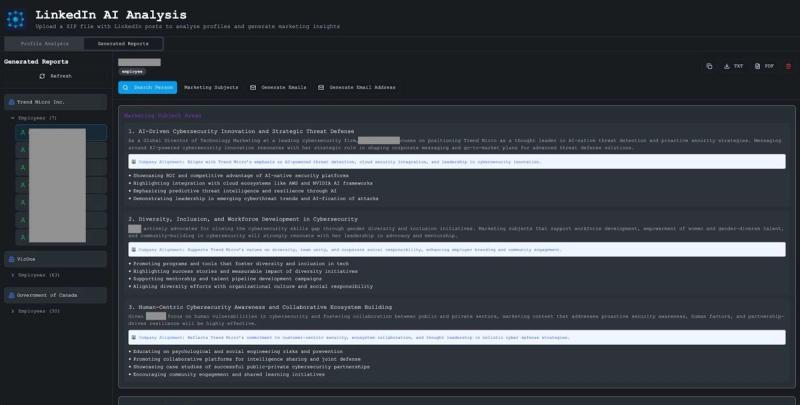 We can generate a profile based on image analysis. We can also generate an OSINT profile of our target using web search. Combining the two provides us an enriched profile, which, when correlated with the person’s position in the company hierarchy, allows us to identify highly targeted “marketing” subject areas within their sphere of influence.
